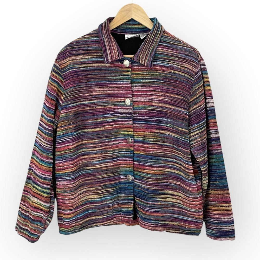 Vintage Chicos Rainbow Woven Textured Boho Jacket Womens 2 Artsy Colorful Hippie